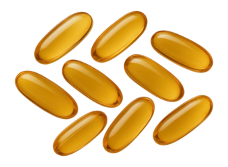 Realistic image of fish oil Omega 3 supplement capsules.
