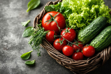 Freshly harvested vegetables in a rustic basket on concrete under natural light