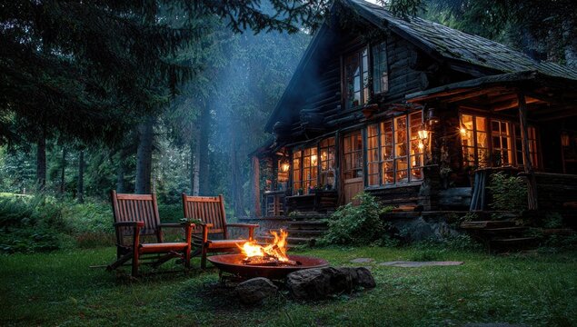 Rustic cabin in forest at twilight, fire pit - Powered by Adobe