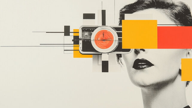 Collage algorithm face gazes, data mind is in control, feeling pensive