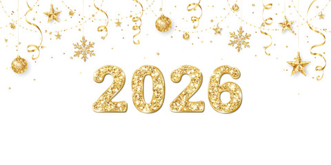 Happy New Year banner. 2026 gold glitter numbers. Confetti, snowflakes and stars decoration.