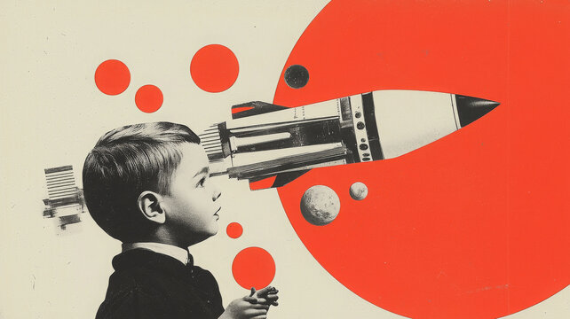Boy is fascinated by rocket and dream of space travel with delight