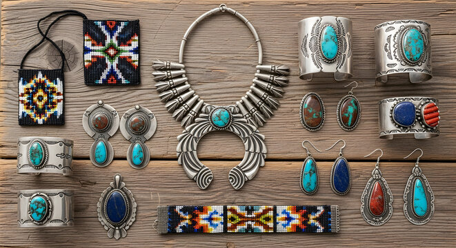 Assorted Native American style jewelry with turquoise stones is displayed. The jewelry includes necklaces, rings, earrings, and a bracelet on a wooden surface.

 - Powered by Adobe