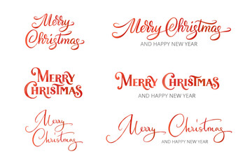 Set of red Merry Christmas and Happy New Year text designs. Calligraphy script, vintage serif lettering. Great for holiday greeting cards, invitations, posters. Transparent background in vector file.