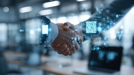 Hands Shaking with Digital Code Overlay in Modern Office Environment