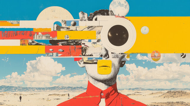 Surreal artistic vision with endless thumbnails and collage elements evoke wonder
