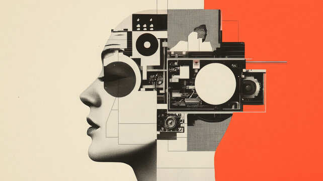 Collage consumer feels brainwashed by sales techno brainwash