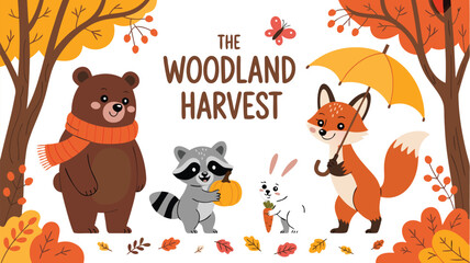 Autumnal Woodland Harvest Cartoon Bear, Raccoon, Rabbit, and Fox Celebrating with Seasonal Decor and Butterfly