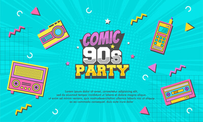 Comic background 90s party theme with elements