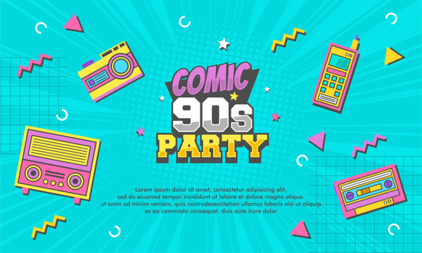 Comic background 90s party theme with elements