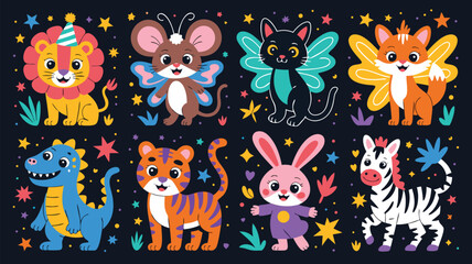 Naklejka premium Cartoon Animal Characters Lion, Mouse, Cat, Fox, Dinosaur, Tiger, Rabbit, Zebra with Stars