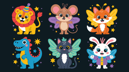 Fototapeta premium Cartoon Animals with Fairy Wings and Stars Lion, Mouse, Fox, Dinosaur, Cat, Rabbit