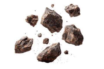 A cluster of assorted rocks,  brown and grey,  in mid-air,  with smaller fragments