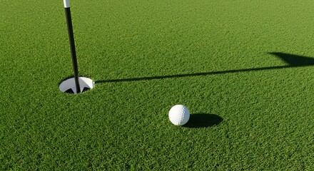 Golf ball near the hole on a vibrant green golf course.