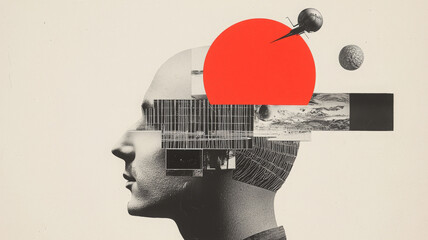 Dada collage of monetized minds show confusion and wonder about digital banner