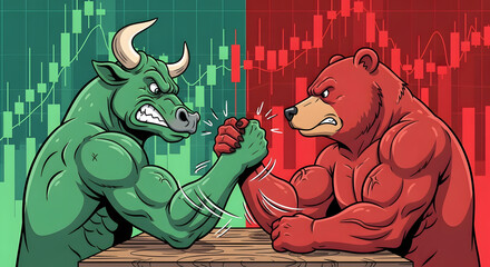 Cartoon illustration depicting a green bull and a red bear arm wrestling, representing bullish and bearish market trends against a stock chart background.