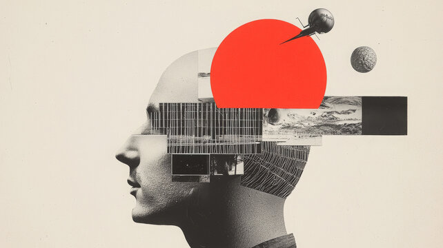 Dada collage of monetized minds show confusion and wonder about digital banner