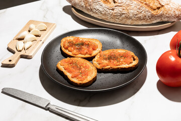 Homemade pan con tomate, tomato toast traditional mediterranean breakfast