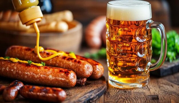 Sausage accompanied by mustard and a refreshing beer