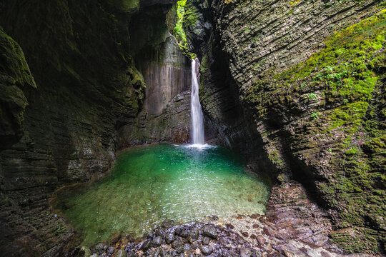 Beautiful landscape at the famous Kozjak waterfall, near Kobarid, Slovenia.