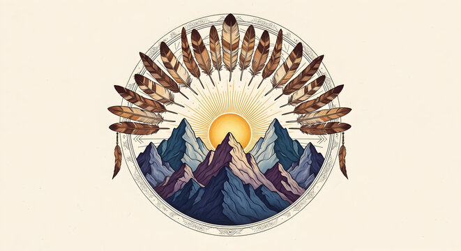 Circular graphic with a central sunburst, wolves, and decorative feathers. This nature-themed design is likely for graphics or promotional content, as seen in the dashboard layout.

