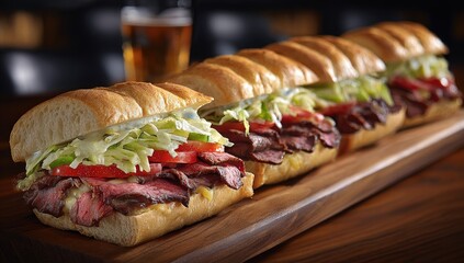 Gourmet beef sandwiches on wooden board