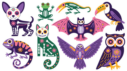 Colorful Day of the Dead Animals Dog, Cat, Bat, Owl, Chameleon Illustration