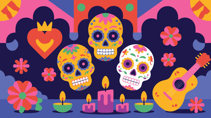 Colorful Day of the Dead Illustration with Skulls, Guitar, Flowers, and Candles Decoration
