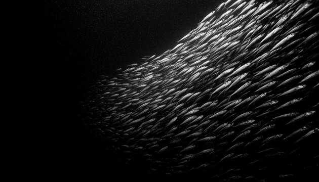 Swirling school of sardines forming a dynamic fish tornado, shimmering silver bodies in fluid motion against a deep blue ocean backdrop
