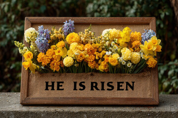 Church bulletin board with 'he is risen' message decorated with colorful spring flowers