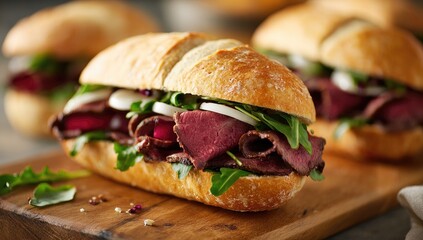 Close-up of gourmet roast beef sandwiches on a wooden board