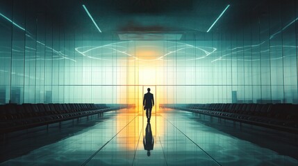 Fototapeta premium A business traveler walking through a luxury airport lounge with modern architecture.