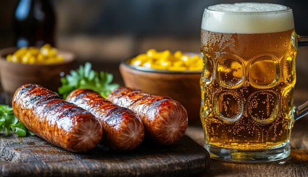 Sausage accompanied by mustard and a refreshing beer