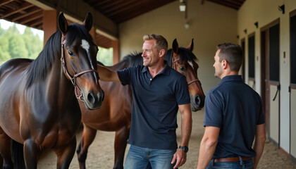 Two men interact with horses in stable. One man gently touches brown horse head, smiling. Both wear casual polo shirts, jeans. Scene conveys trust, companionship, care within equestrian environment.