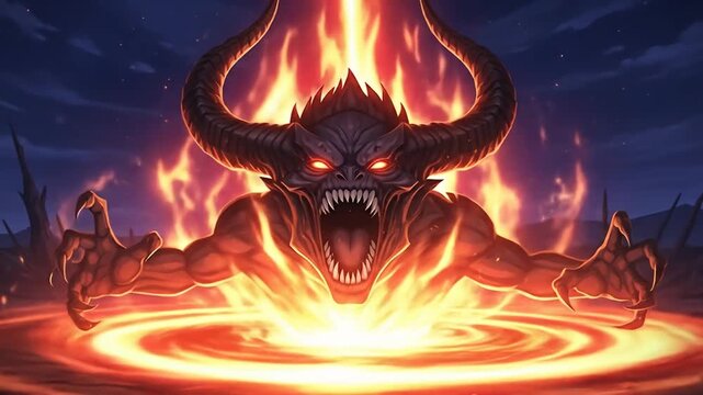 Fiery demon rises from burning portal, sharp claws, glowing eyes, horns, and open maw
