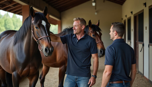 Two men interact with horses in stable. One man gently touches brown horse head, smiling. Both wear casual polo shirts, jeans. Scene conveys trust, companionship, care within equestrian environment.