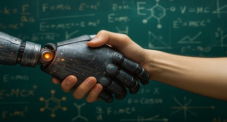 Handshake between a human and a robot in front of a chalkboard with scientific formulas, symbolizing the collaboration of AI and human knowledge in science, education, and innovation