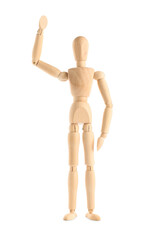 Wooden mannequin with raised hand on white background