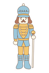 Cartoon Nutcracker soldier in a blue and gold uniform with a staff. Perfect for Christmas, ballet, and holiday designs.