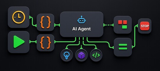 AI agent workflow automation diagram. Concept for no-code development platform, machine learning pipelines, and business process automation with a node-based interface.