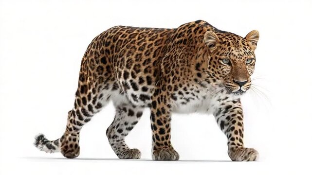 Leopard with spotted coat walks forward, tail curved, against a bright white background