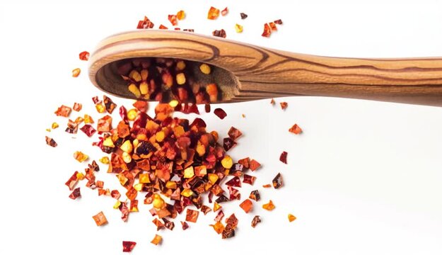 Spicy chili red pepper flakes, chopped, milled dry paprika pile in wooden sppon
