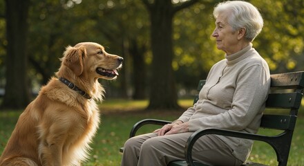 Golden retriever hearing dog beside elderly deaf woman on park bench in morning sunlight