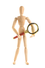 Wooden mannequin holding magnifier on white background