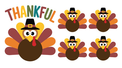 Obraz premium Colorful Thankful Text with Turkey Illustrations Featuring Pilgrim Hats for Thanksgiving Celebration