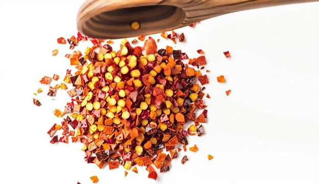 Spicy chili red pepper flakes, chopped, milled dry paprika pile in wooden sppon
