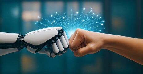 A human and a robot do a fist bump, symbolizing teamwork, collaboration, and the powerful synergy between humanity and AI.