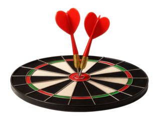Two red darts hit the target's center.