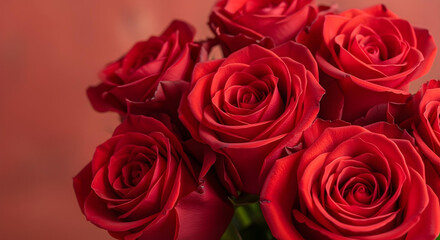 Obraz premium Close-up bouquet of red Valentine’s roses with rich red background. 