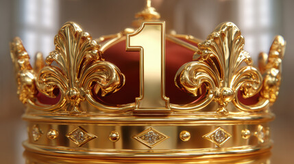 Golden number one crown with red velvet and diamond gems